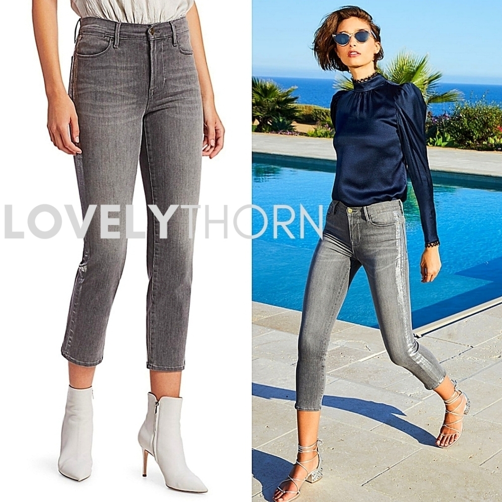 FRAME // le high straight leg foil tuxedo stripe crop grey jeans - Picture 3 of 16